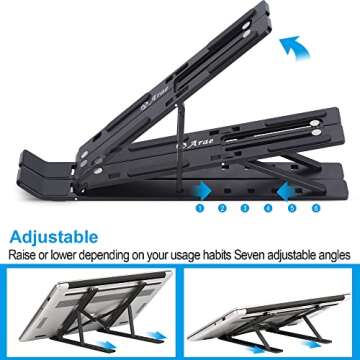 Arae Laptop Stand for Desk, Adjustable Ergonomic Portable Aluminum Laptop Holder, Foldable Computer Stand 6 Angles Anti-Slip Laptop Riser Compatible with 9-15.6 inch Laptops (Black)