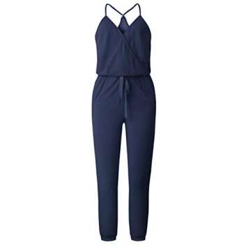 ECOWISH Women's 2023 Summer Jumpsuits Wrap V Neck Cold Shoulder Stretchy Waist Jumpsuit One Piece Rompers Navy Blue L