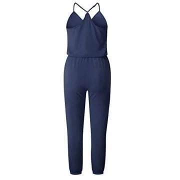 ECOWISH Women's 2023 Summer Jumpsuits Wrap V Neck Cold Shoulder Stretchy Waist Jumpsuit One Piece Rompers Navy Blue L