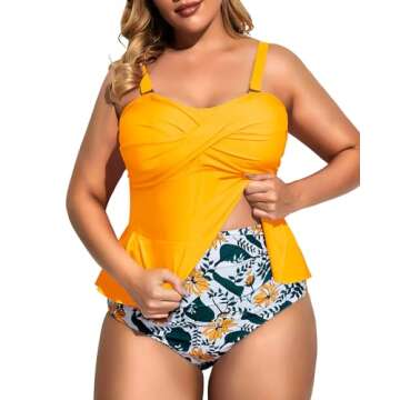 Daci Women Yellow Two Piece Plus Size Swimsuit with Bottom Peplum Tankini High Waisted Tummy Control Bathing Suit 18W