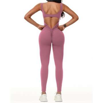 Wenlia Women Sleeveless Jumpsuits Sexy Backless One Piece Workout Bodysuit Bodycon V Back Scrunch Butt Yoga Rompers Rose Pink Small