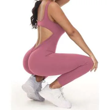 Wenlia Women Sleeveless Jumpsuits Sexy Backless One Piece Workout Bodysuit Bodycon V Back Scrunch Butt Yoga Rompers Rose Pink Small