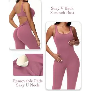 Wenlia Women Sleeveless Jumpsuits Sexy Backless One Piece Workout Bodysuit Bodycon V Back Scrunch Butt Yoga Rompers Rose Pink Small