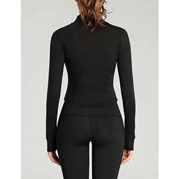 Yeokou Womens Active Zip Up Running Workout Cropped Bbl Athletic Jacket with Thumb Holes(Black-XL)