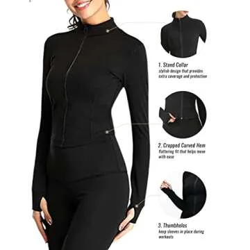 Yeokou Womens Active Zip Up Running Workout Cropped Bbl Athletic Jacket with Thumb Holes(Black-XL)