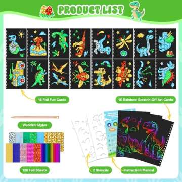 homicozy Art & Craft Activity for Kids - Foil Fun Dinosaurs & Scratch Art Book 2-in-1, No Mess Art Crafts for boys,DIY Creative Activity Kit,Gifts for Boys and Girls Ages 4, 5, 6, 7, 8, 9, Travel Toys