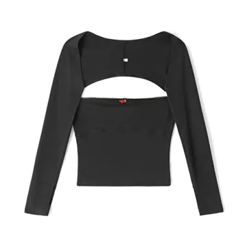Women Y2k Square Neck T-Shirt Long Sleeve Lace Trim Crop Top Slim Fit Stretchy Blouse Top Aesthetic Clothes(Square 2pcs Black,Small)