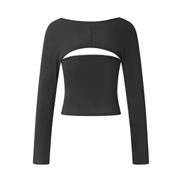 Women Y2k Square Neck T-Shirt Long Sleeve Lace Trim Crop Top Slim Fit Stretchy Blouse Top Aesthetic Clothes(Square 2pcs Black,Small)