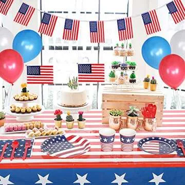 Esjay 4th of July Tablecloth, 2 Pack American Flag Plastic Table Covers(54"x72") for Patriotic Party Supplies, Decorations for Independence, Memorial, Veterans Day