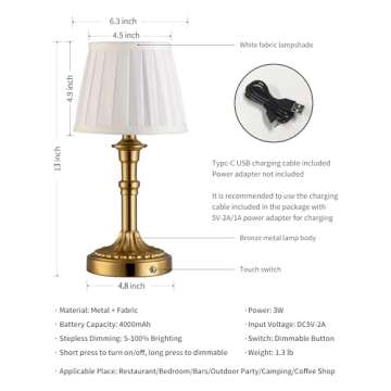 KDG Cordless Portables Table Lamp, LED Fabric Shade Small Desk Lamps, 4000mAh Battery Powered Lighting, 2700K Stepless Dimmable Light for Living Room, Dining Room, Bedroom, Bedside (Bronze)
