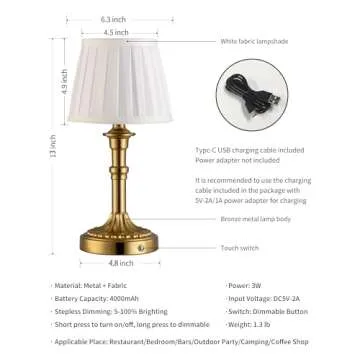 KDG Cordless Portables Table Lamp, LED Fabric Shade Small Desk Lamps, 4000mAh Battery Powered Lighting, 2700K Stepless Dimmable Light for Living Room, Dining Room, Bedroom, Bedside (Bronze)