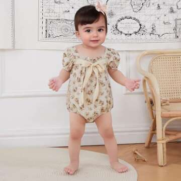 Kupretty Newborn Baby Girl Summer Clothes Vintage Floral Romper Square Neck Short Sleeve Bodysuit Jumpsuit (Beige, 12-18 Months)