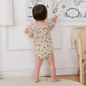 Kupretty Newborn Baby Girl Summer Clothes Vintage Floral Romper Square Neck Short Sleeve Bodysuit Jumpsuit (Beige, 12-18 Months)