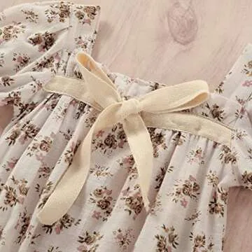 Kupretty Newborn Baby Girl Summer Clothes Vintage Floral Romper Square Neck Short Sleeve Bodysuit Jumpsuit (Beige, 12-18 Months)