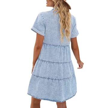LookbookStore Women's Flowy Jean Dress Short Sleeve Denim Shirt Dress Babydoll Dress for Women Short Sleeves Casual Lapel Collared Babydoll Denim Dress Roadknight Blue Size S Size 4 6
