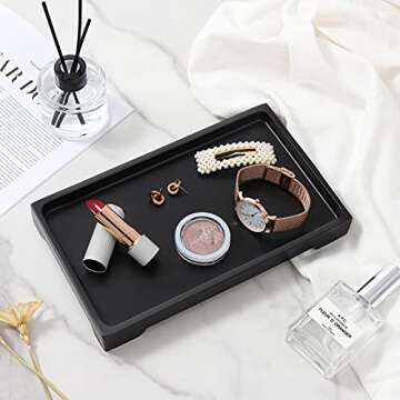 Luxspire Vanity Tray, 6"x 10" Rectangle Bathroom Tray, Toilet Tank Tray, Resin Kitchen Tray Decorative Jewelry Tray, Vanity Countertop Organizer Bathroom Accessories, Medium, Matte Black