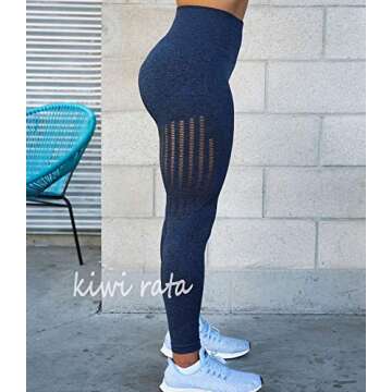 KIWI RATA Women's High Waist Active Seamless Compression Fitness Leggings Running Workout Slim Butt Lift Yoga Pants (#1 Navy, Medium)