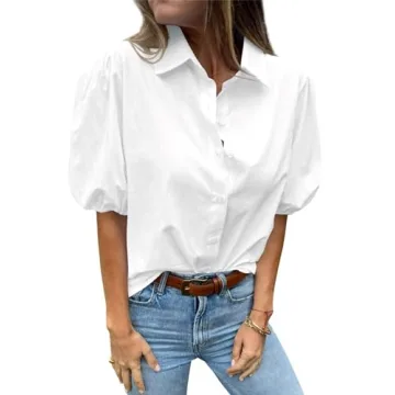 LAYOGAS Womens Short Puff Sleeve Tops V Neck Collared Button Down Shirt Dressy Casual Blouses