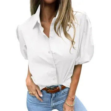 LAYOGAS Womens Short Puff Sleeve Tops V Neck Collared Button Down Shirt Dressy Casual Blouses