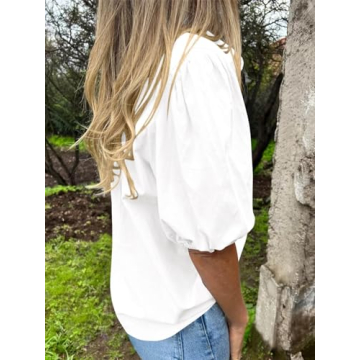 LAYOGAS Womens Short Puff Sleeve Tops V Neck Collared Button Down Shirt Dressy Casual Blouses