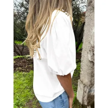 LAYOGAS Womens Short Puff Sleeve Tops V Neck Collared Button Down Shirt Dressy Casual Blouses