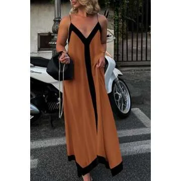 PRETTYGARDEN Women's 2025 Summer Maxi Dress Sleeveless V Neck Spaghetti Strap Flowy Elegant Holiday Party Dresses (Brown,Small)