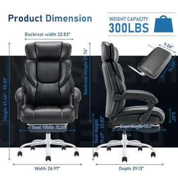 Office Chair with Footrest-Ergonomic Computer Chair with Extra Lumbar Support Pillow, High Back Executive Desk Chair Thick Bonded Leather, Large Home Office Work Chair with Wide Seat for Comfort-Black