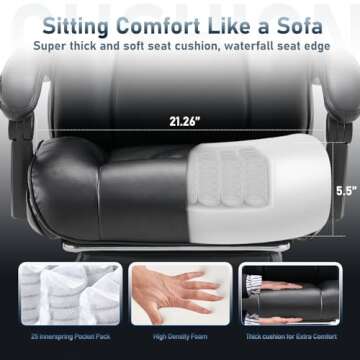 Office Chair with Footrest-Ergonomic Computer Chair with Extra Lumbar Support Pillow, High Back Executive Desk Chair Thick Bonded Leather, Large Home Office Work Chair with Wide Seat for Comfort-Black