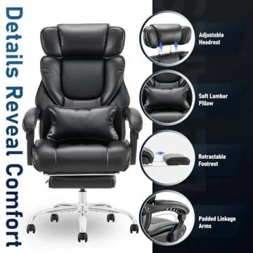 Office Chair with Footrest-Ergonomic Computer Chair with Extra Lumbar Support Pillow, High Back Executive Desk Chair Thick Bonded Leather, Large Home Office Work Chair with Wide Seat for Comfort-Black