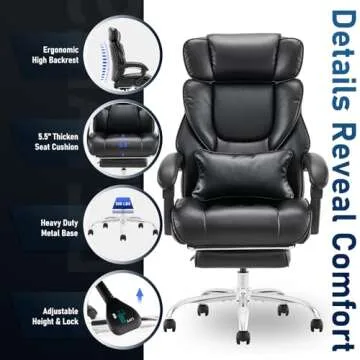 Office Chair with Footrest-Ergonomic Computer Chair with Extra Lumbar Support Pillow, High Back Executive Desk Chair Thick Bonded Leather, Large Home Office Work Chair with Wide Seat for Comfort-Black