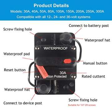 WOHHOM 40 Amp Circuit Breaker with Manual Reset 12V-36V DC Waterproof Surface Mount for Car Audio Rv Marine Boat Truck Trolling Motors, 30-300A Car Speaker Resettable Fuse
