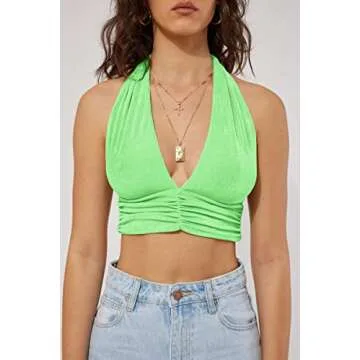 AUTOMET Womens Deep V Neck Halter Crop Top Going Out Tops Trendy Sleeveless Y2k Party Tops Cami Cropped Tank Tops Green
