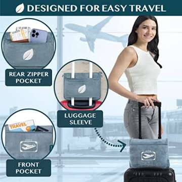PAVILIA Travel Blanket Pillow in Soft Bag with Pockets, Airplane Blanket Set, Plane Blanket Compact Packable, Flight Essentials Car Pillow, Travelers Accessories Gifts, Luggage Strap, Dusty Light Blue