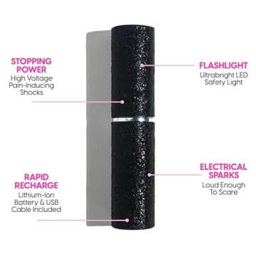 BLINGSTING Pepper Spray, Lipstick Stun Gun, & Alarm 3-in-1 Safety Kit - Professional Grade, Maximum Strength, High Voltage, Rechargeable Self-Defense for Women, Black Glitter