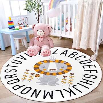 HiiARug Round ABC Kids Rug Circle Alphabet Animal Nursery Rug Large Lion Crawling Play Mat Soft Non-Slip Playroom Rugs for Bedroom Infant Toddlers Kids Room Decor (4ft, Grey Lion)