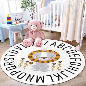 HiiARug Round ABC Kids Rug Circle Alphabet Animal Nursery Rug Large Lion Crawling Play Mat Soft Non-Slip Playroom Rugs for Bedroom Infant Toddlers Kids Room Decor (4ft, Grey Lion)