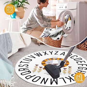 HiiARug Round ABC Kids Rug Circle Alphabet Animal Nursery Rug Large Lion Crawling Play Mat Soft Non-Slip Playroom Rugs for Bedroom Infant Toddlers Kids Room Decor (4ft, Grey Lion)