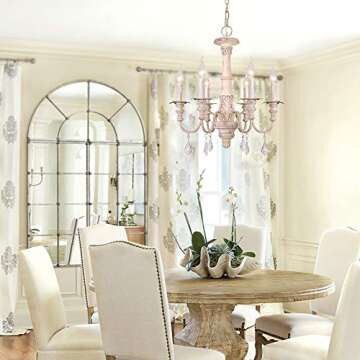 OSAIRUOS French Country Candle Style Chandelier, Handmade White Distressed Wood Lighting Ceiling Light Fixture Pendant Lamp Chandeliers for Dining Living Room Bathroom W20.8