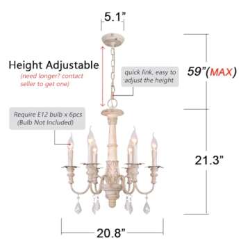 OSAIRUOS French Country Candle Style Chandelier, Handmade White Distressed Wood Lighting Ceiling Light Fixture Pendant Lamp Chandeliers for Dining Living Room Bathroom W20.8