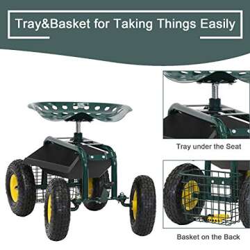 KINTNESS Durable Garden Cart with Comfortable Seat & Storage