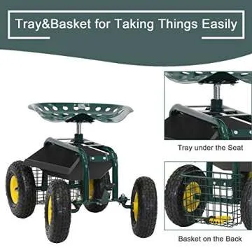 KINTNESS Durable Garden Cart with Comfortable Seat & Storage