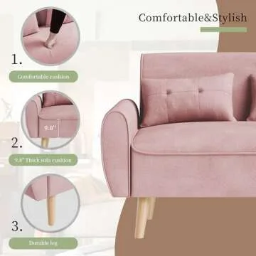 Vongrasig 47" Small Modern Loveseat Sofa, Mid Century Linen Fabric 2-Seat Sofa Couch Tufted Love Seat with Back Cushions and Tapered Legs for Living Room, Bedroom and Small Space (Pink)