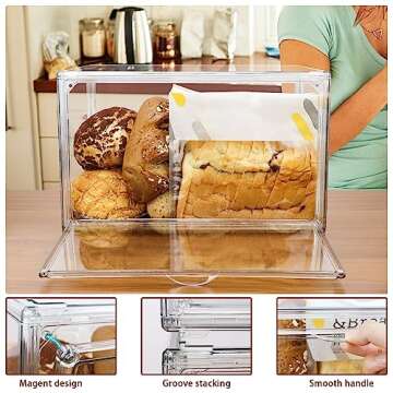 RISICULIS 2PCS Large Bread Box for Countertop, Stackable Double Layer Storage Container, Clear Boxes for Kitchen Counter, Bread Keeper for Homemade Bread, Bagel, Muffins, Rolls