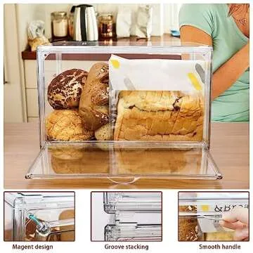 RISICULIS 2PCS Large Bread Box for Countertop, Stackable Double Layer Storage Container, Clear Boxes for Kitchen Counter, Bread Keeper for Homemade Bread, Bagel, Muffins, Rolls