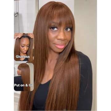 UNICE Yaki Straight Human Hair Wigs with Bangs Layered Cut Transparent Lace Glueless Wigs Human Hair...