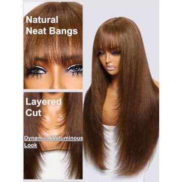 UNICE Yaki Straight Human Hair Wigs with Bangs Layered Cut Transparent Lace Glueless Wigs Human Hair Ready to Wear Wig 4# Brown Color 150% Density 20 inch