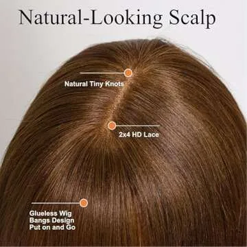 UNICE Yaki Straight Human Hair Wigs with Bangs Layered Cut Transparent Lace Glueless Wigs Human Hair Ready to Wear Wig 4# Brown Color 150% Density 20 inch