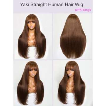 UNICE Yaki Straight Human Hair Wigs with Bangs Layered Cut Transparent Lace Glueless Wigs Human Hair Ready to Wear Wig 4# Brown Color 150% Density 20 inch