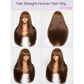 UNICE Yaki Straight Human Hair Wigs with Bangs Layered Cut Transparent Lace Glueless Wigs Human Hair Ready to Wear Wig 4# Brown Color 150% Density 20 inch