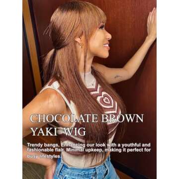 UNICE Yaki Straight Human Hair Wigs with Bangs Layered Cut Transparent Lace Glueless Wigs Human Hair Ready to Wear Wig 4# Brown Color 150% Density 20 inch